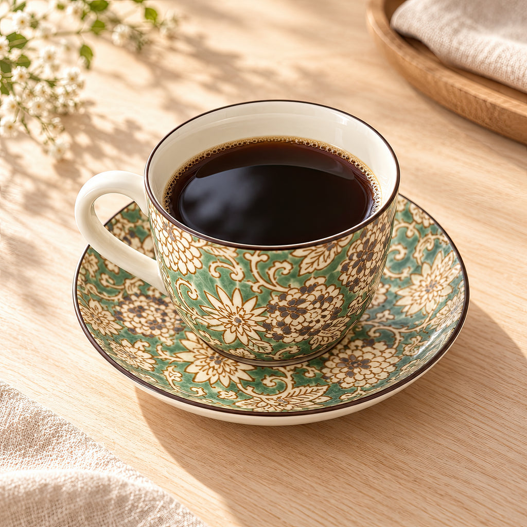 Hana Karakusa Tea Cup & Saucer A Green ceramic cup and saucer