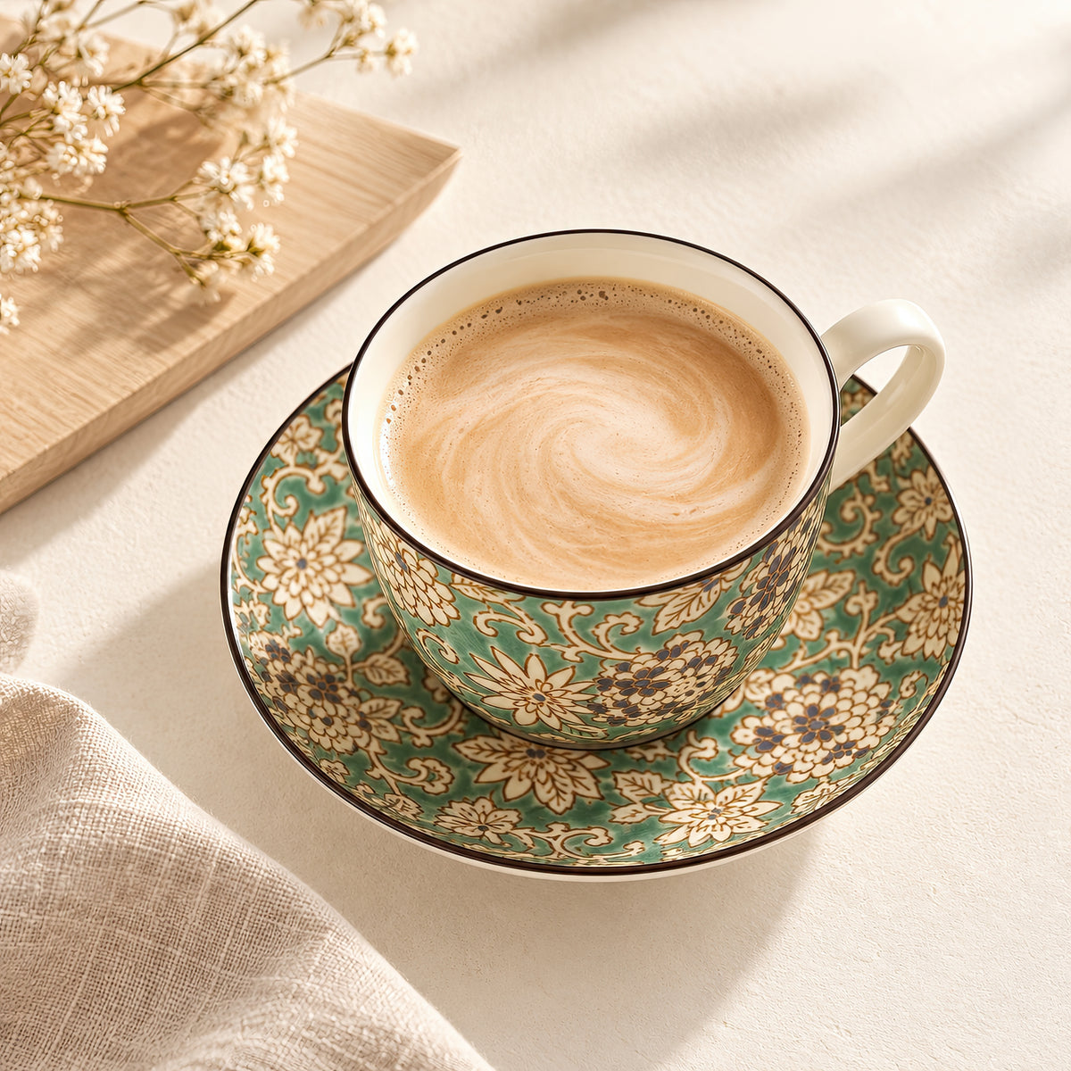 Hana Karakusa Tea Cup & Saucer A Green ceramic cup and saucer