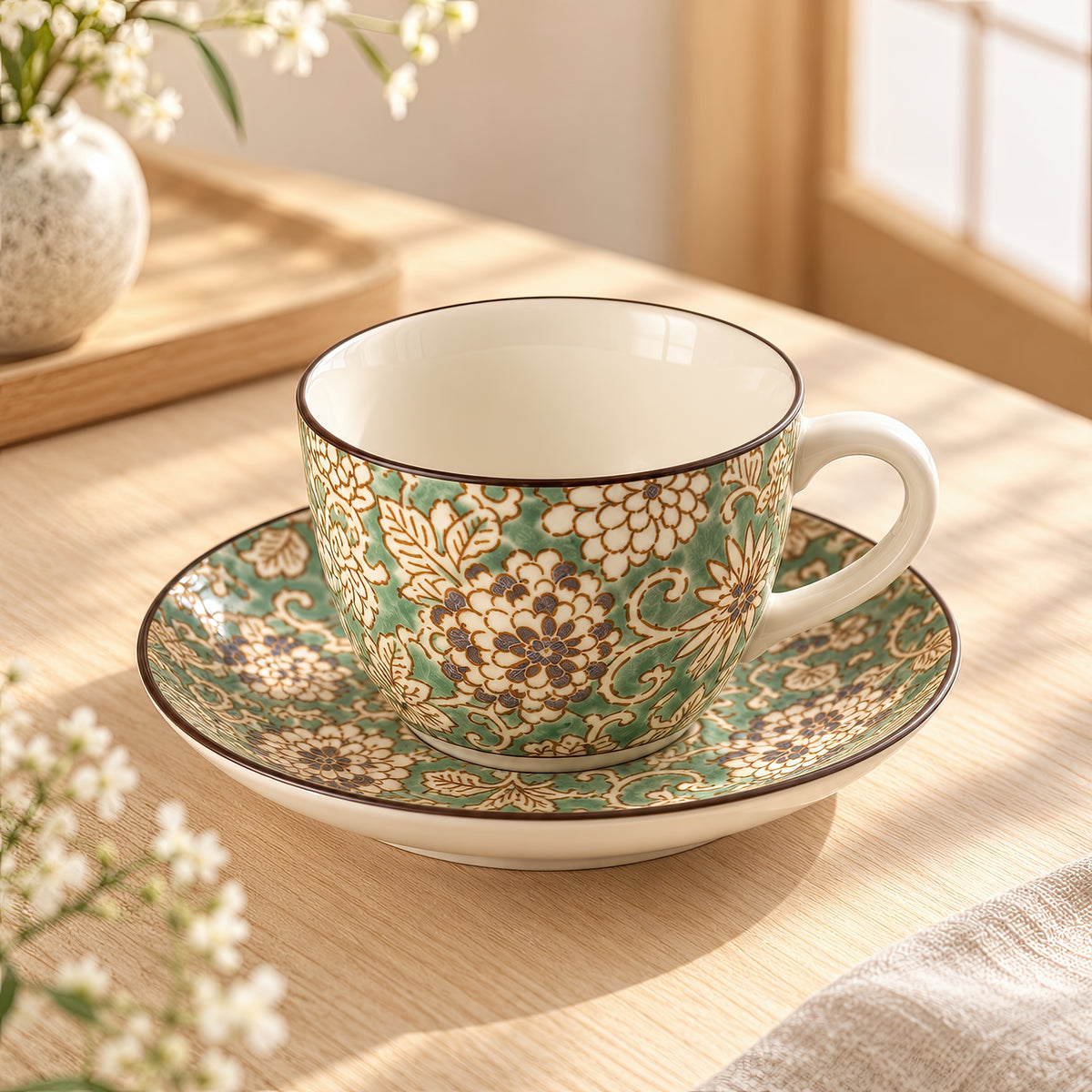 Hana Karakusa Tea Cup & Saucer A Green ceramic cup and saucer