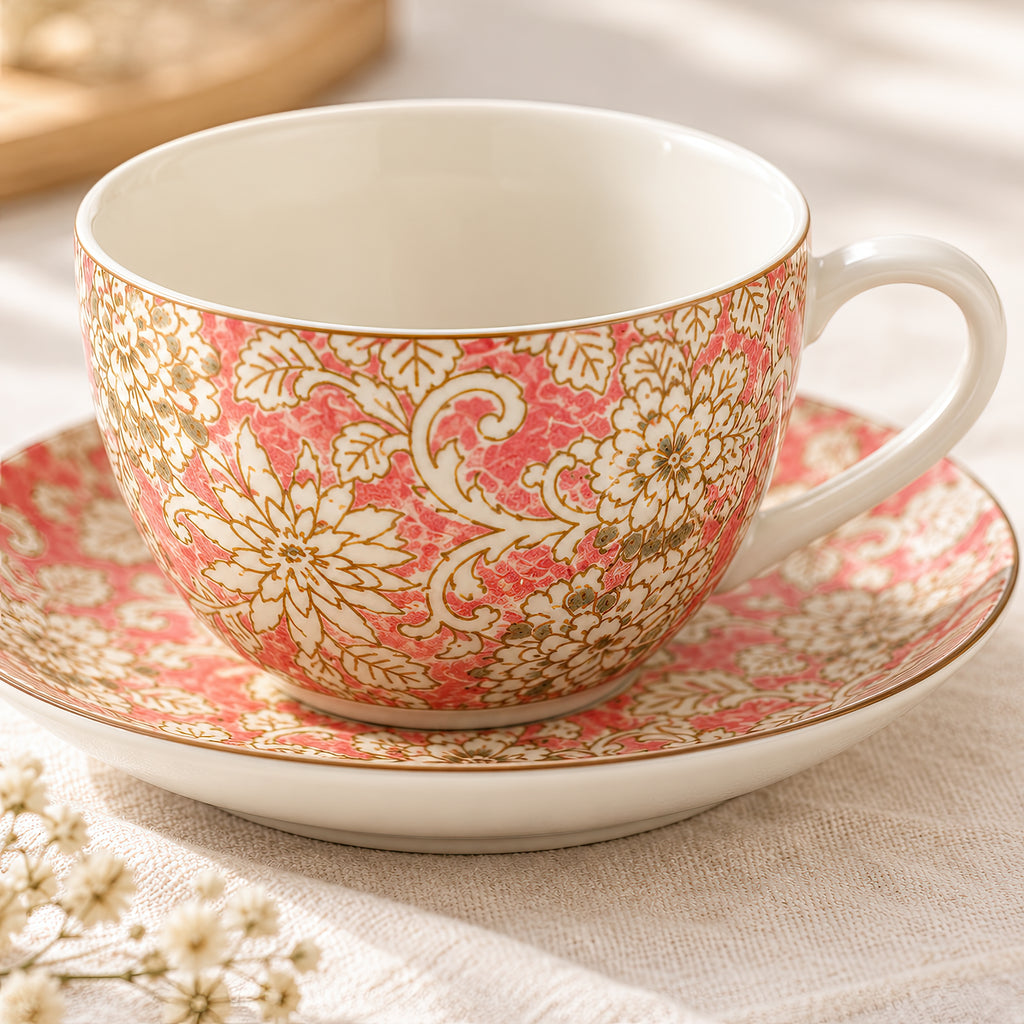 Hana Karakusa Arabesque Tea Cup & Saucer — Pink — floral ceramic close-up