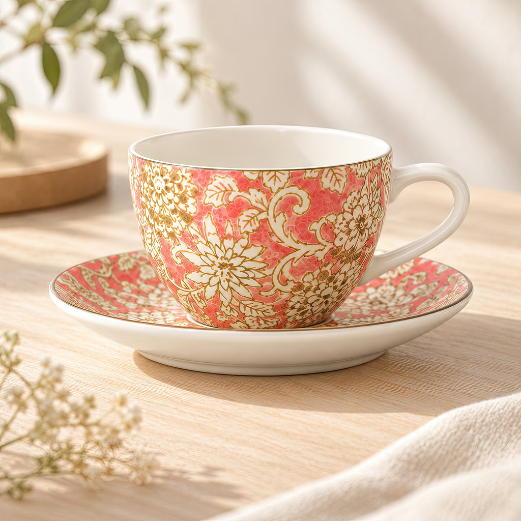 Hana Karakusa Tea Cup & Saucer A Pink ceramic cup and saucer