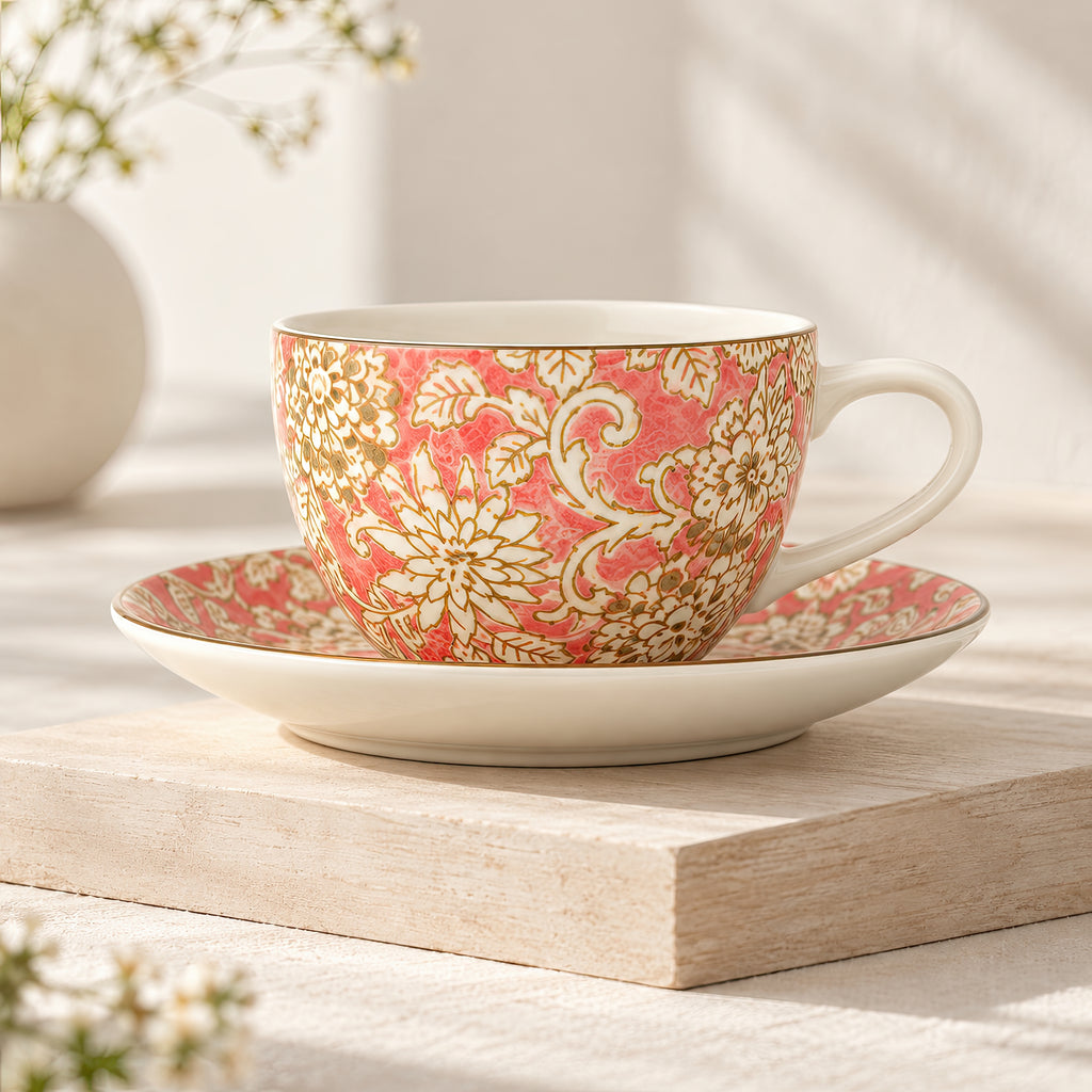 Hana Karakusa Tea Cup & Saucer A Pink ceramic cup and saucer