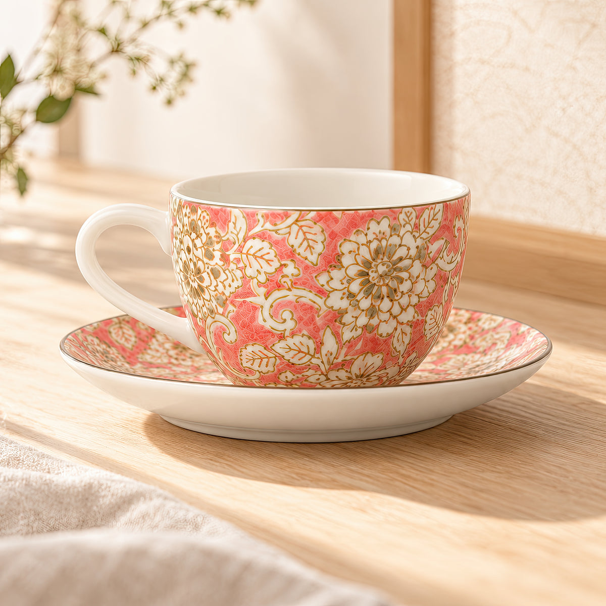 Hana Karakusa Tea Cup & Saucer A Pink ceramic cup and saucer