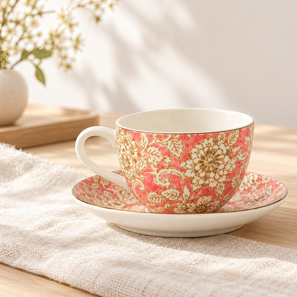 Hana Karakusa Tea Cup & Saucer A Pink ceramic cup and saucer