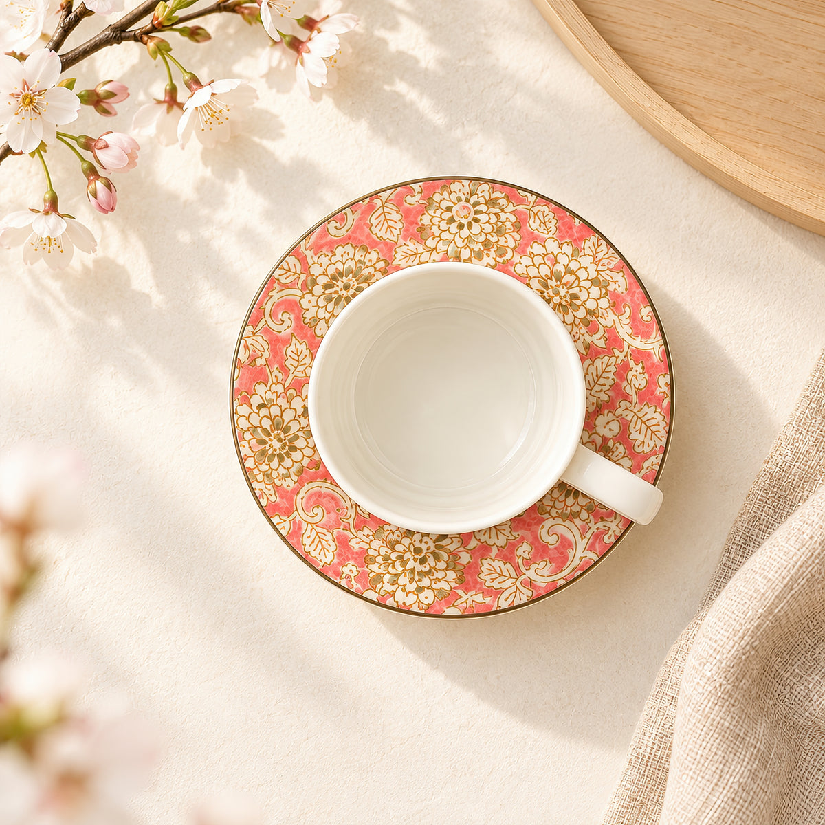 Hana Karakusa Tea Cup & Saucer A Pink ceramic cup and saucer
