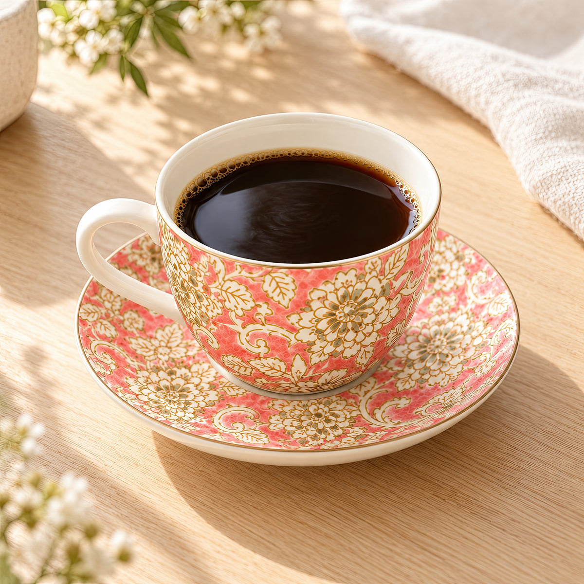 Hana Karakusa Tea Cup & Saucer A Pink ceramic cup and saucer