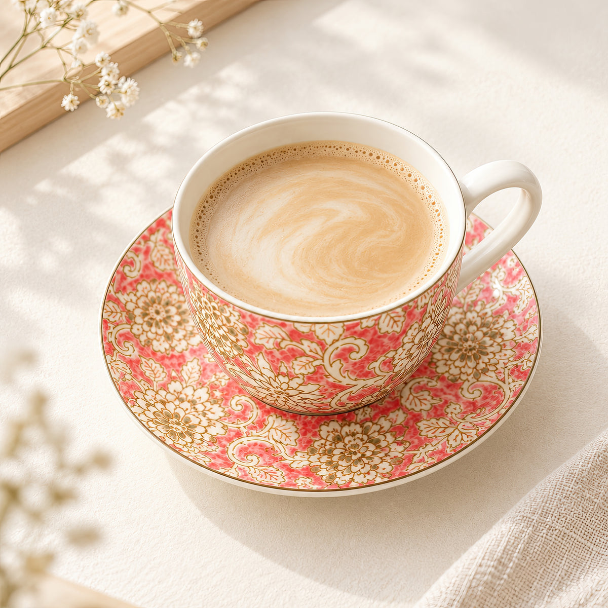 Hana Karakusa Tea Cup & Saucer A Pink ceramic cup and saucer