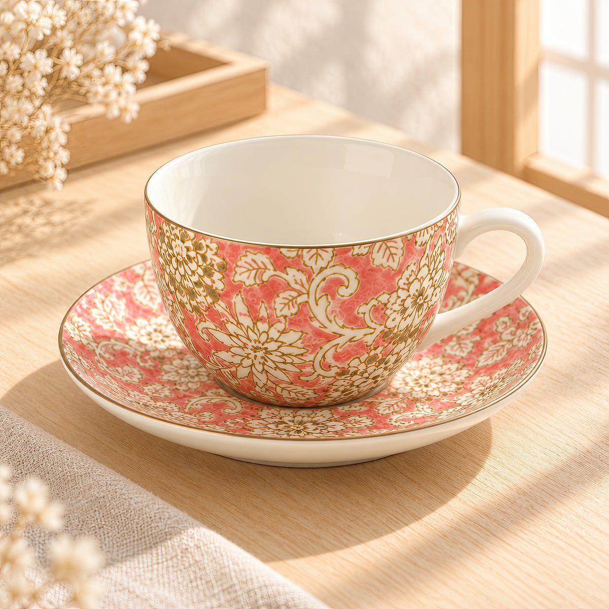 Hana Karakusa Tea Cup & Saucer A Pink ceramic cup and saucer
