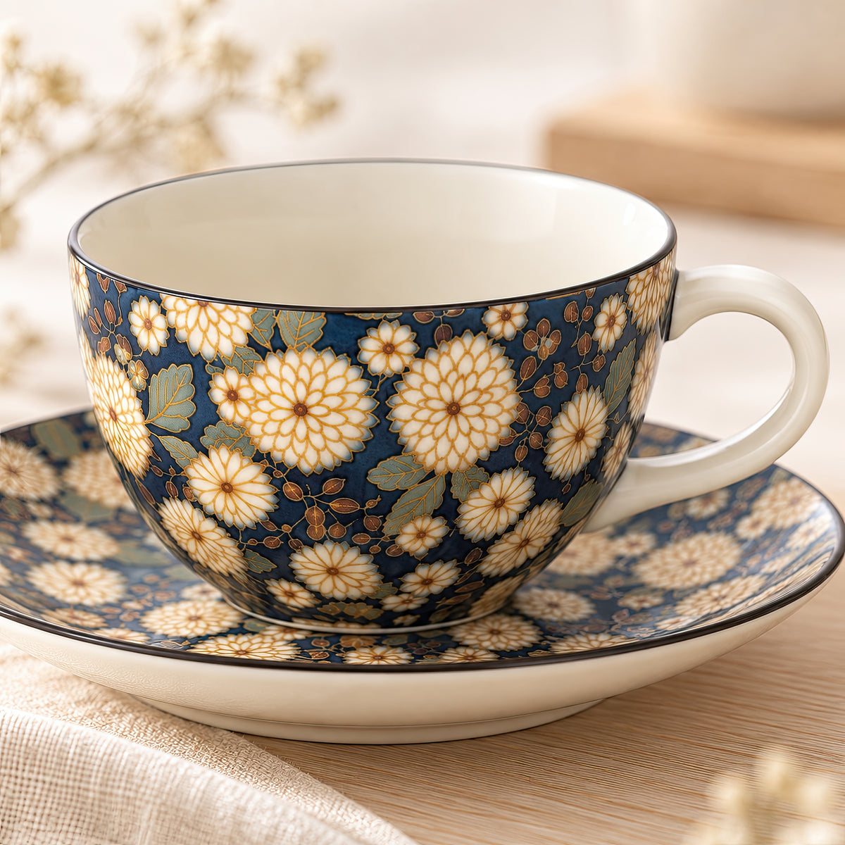 Hana Karakusa Chrysanthemum Tea Cup & Saucer — Indigo — floral ceramic close-up