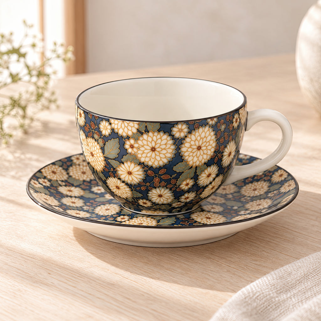 Hana Karakusa Tea Cup & Saucer B Indigo chrysanthemum ceramic cup and saucer