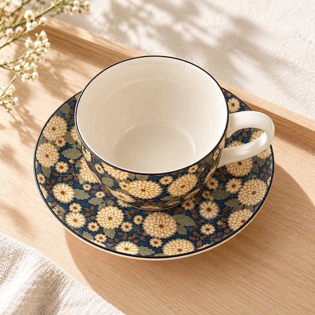 Hana Karakusa Tea Cup & Saucer B Indigo chrysanthemum ceramic cup and saucer