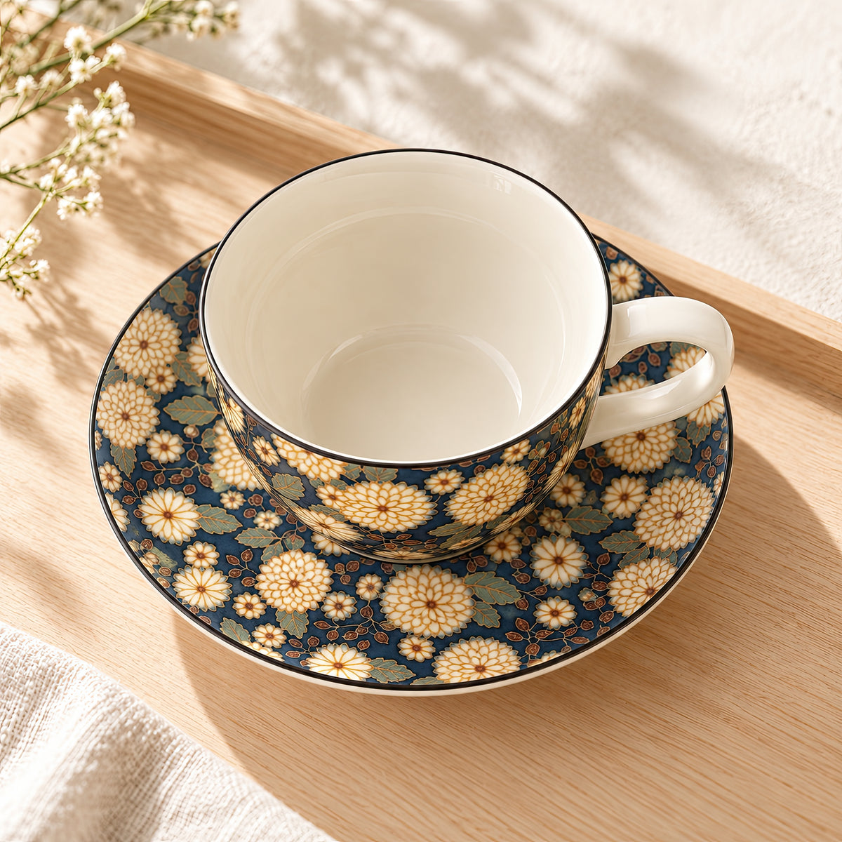 Hana Karakusa Tea Cup & Saucer B Indigo chrysanthemum ceramic cup and saucer