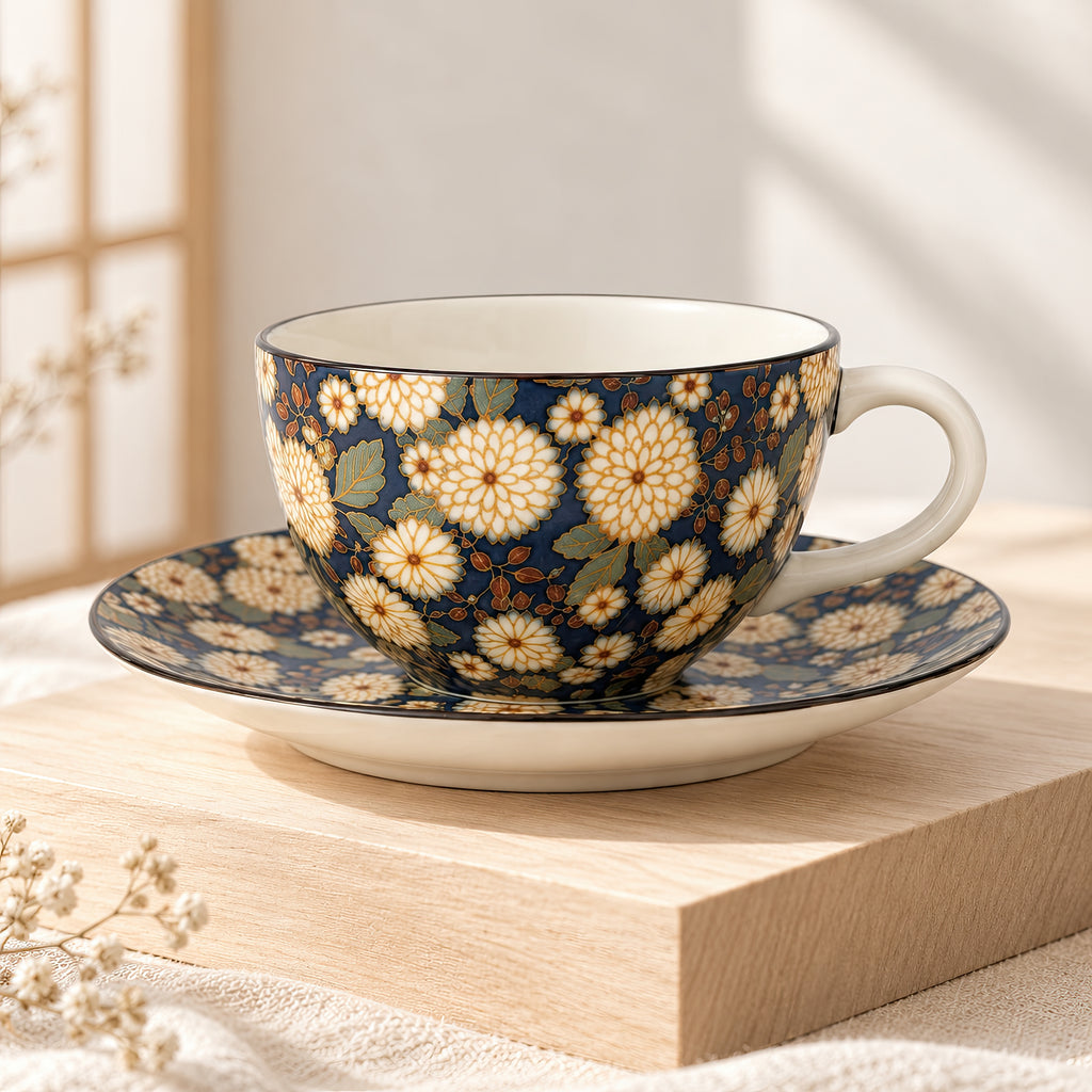Hana Karakusa Tea Cup & Saucer B Indigo chrysanthemum ceramic cup and saucer