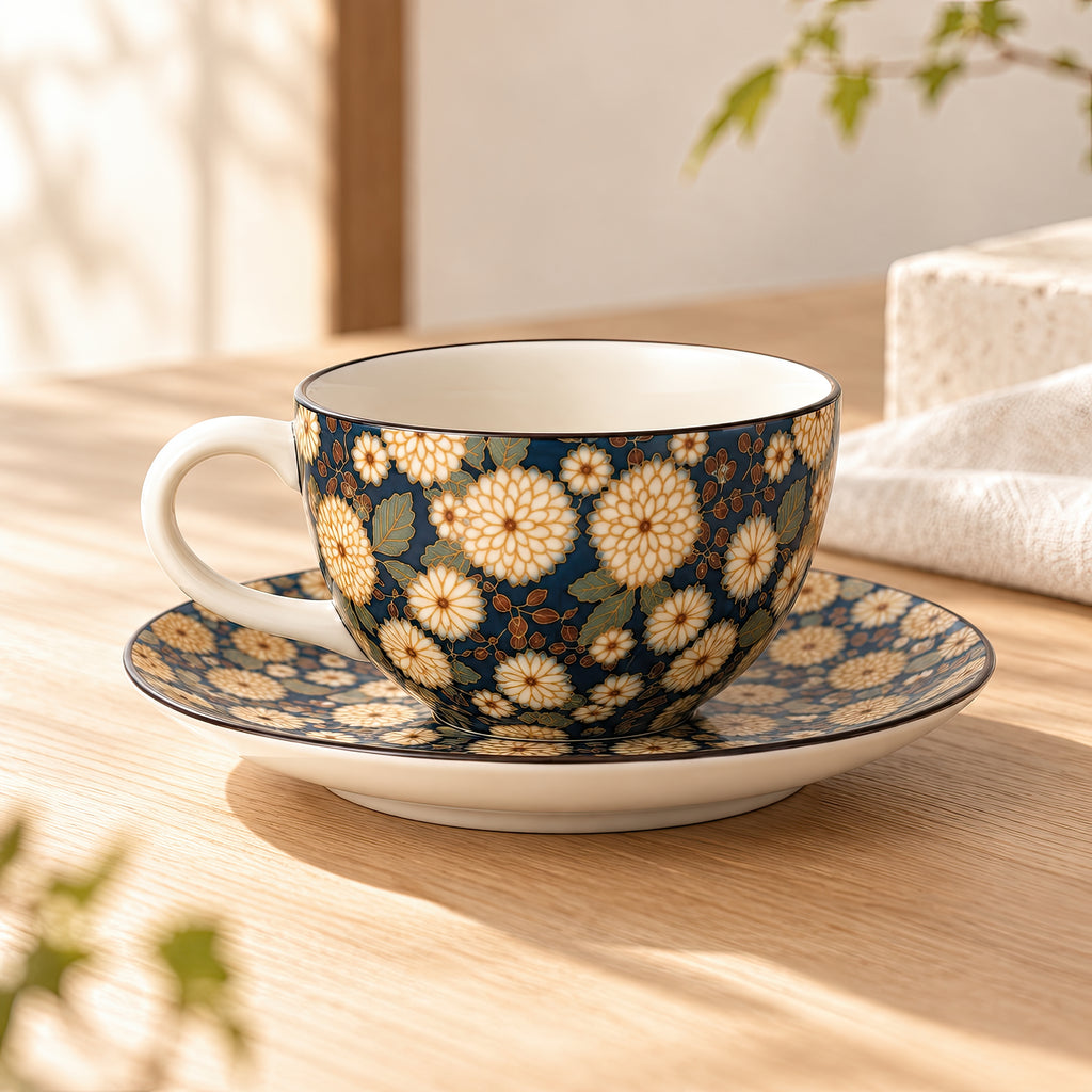 Hana Karakusa Tea Cup & Saucer B Indigo chrysanthemum ceramic cup and saucer