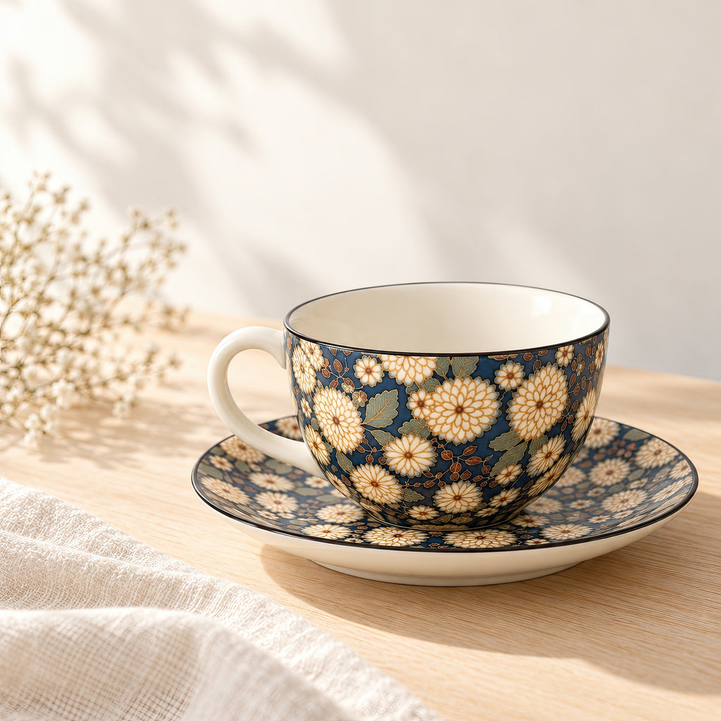 Hana Karakusa Tea Cup & Saucer B Indigo chrysanthemum ceramic cup and saucer