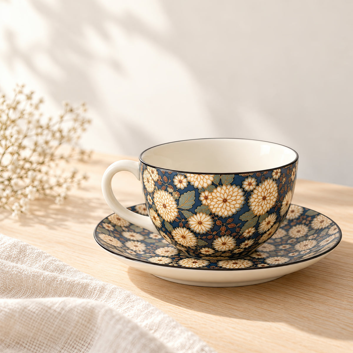 Hana Karakusa Tea Cup & Saucer B Indigo chrysanthemum ceramic cup and saucer