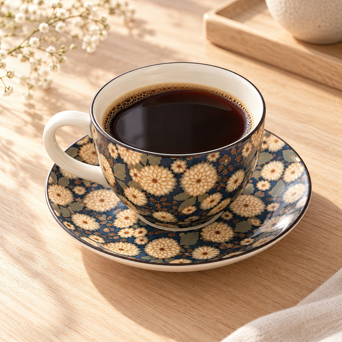 Hana Karakusa Tea Cup & Saucer B Indigo chrysanthemum ceramic cup and saucer