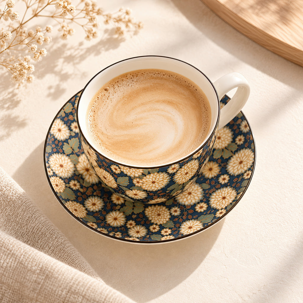 Hana Karakusa Tea Cup & Saucer B Indigo chrysanthemum ceramic cup and saucer