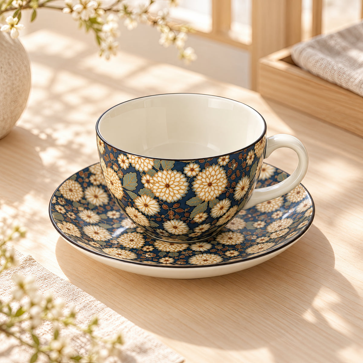 Hana Karakusa Tea Cup & Saucer B Indigo chrysanthemum ceramic cup and saucer