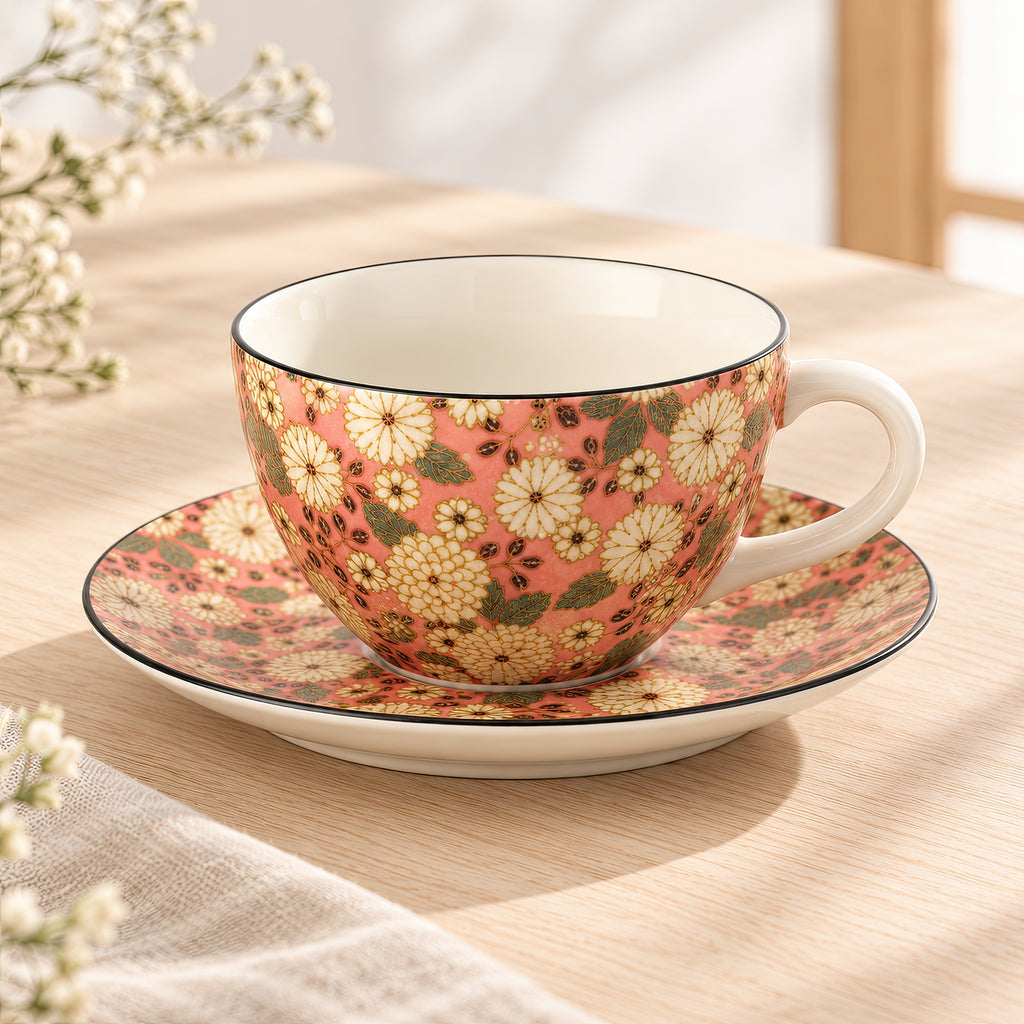 Hana Karakusa Tea Cup & Saucer B Pink chrysanthemum ceramic cup and saucer