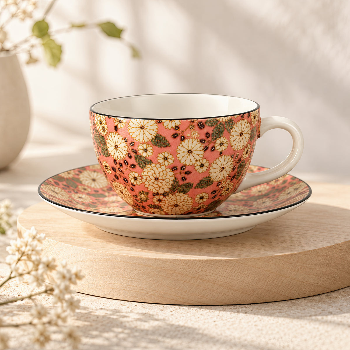 Hana Karakusa Tea Cup & Saucer B Pink chrysanthemum ceramic cup and saucer