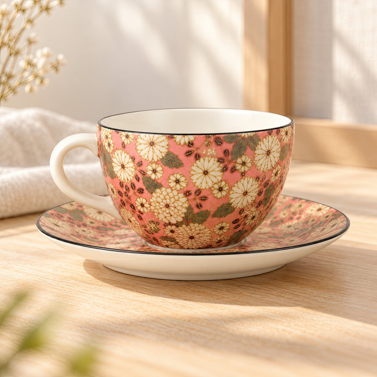 Hana Karakusa Tea Cup & Saucer B Pink chrysanthemum ceramic cup and saucer