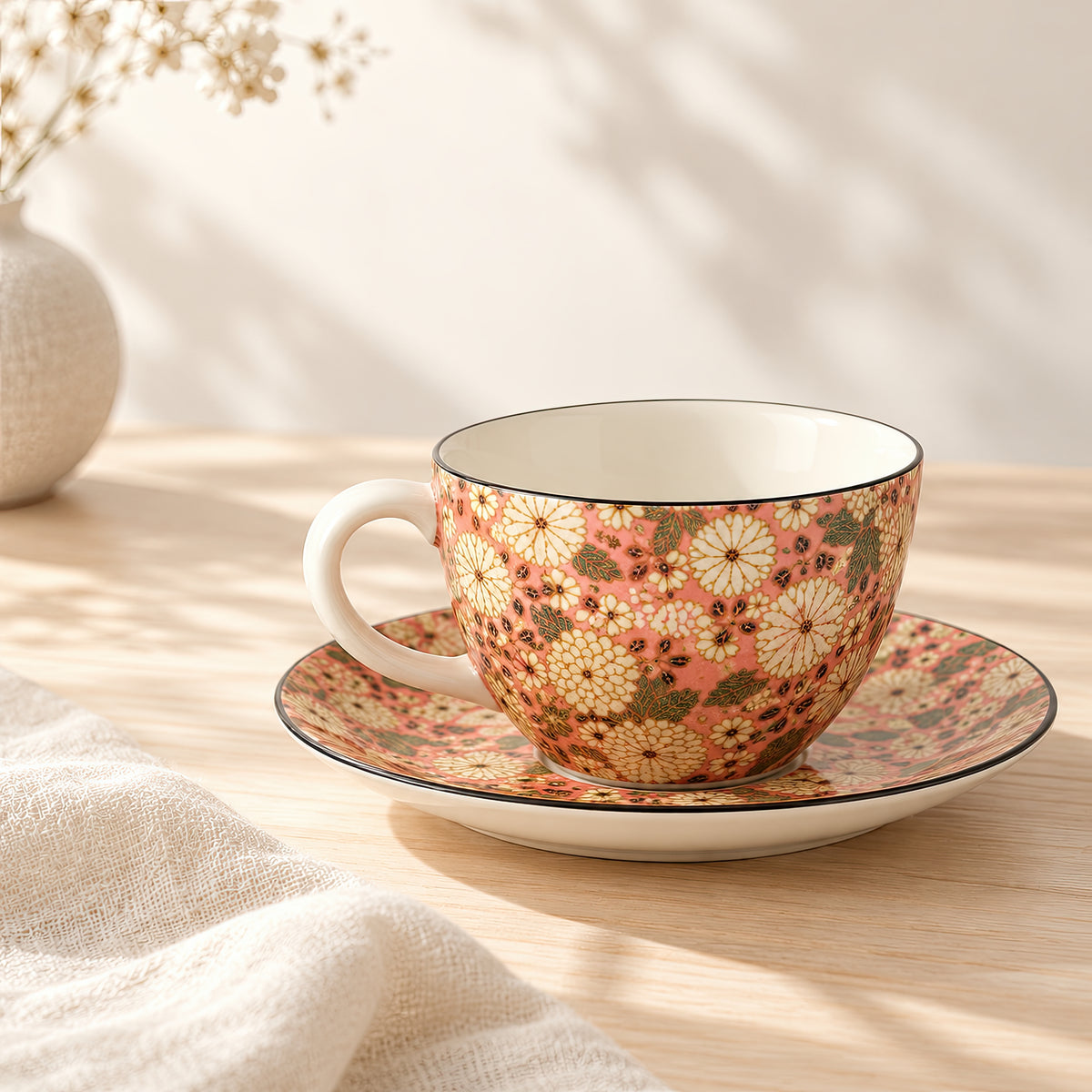 Hana Karakusa Tea Cup & Saucer B Pink chrysanthemum ceramic cup and saucer