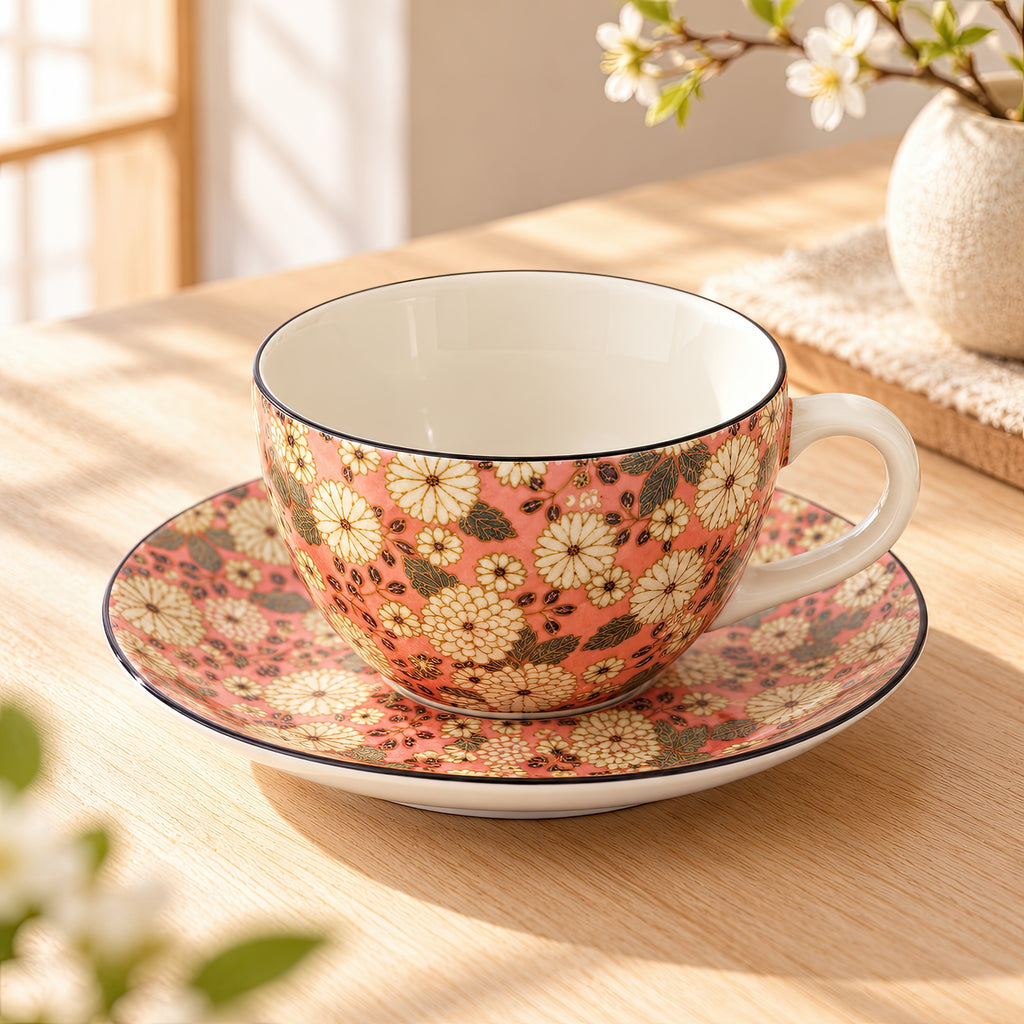 Hana Karakusa Tea Cup & Saucer B Pink chrysanthemum ceramic cup and saucer