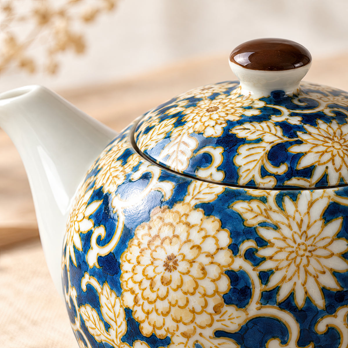 Hana Karakusa Arabesque Teapot — Blue — floral ceramic product close-up