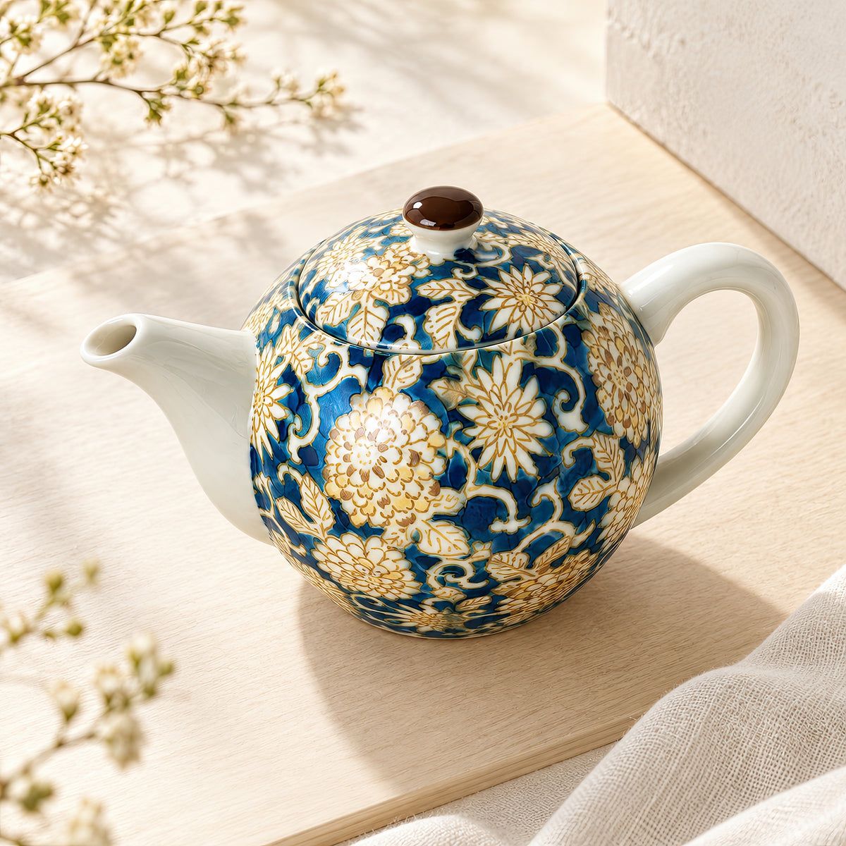 Hana Karakusa Teapot A Blue Japanese floral ceramic teapot