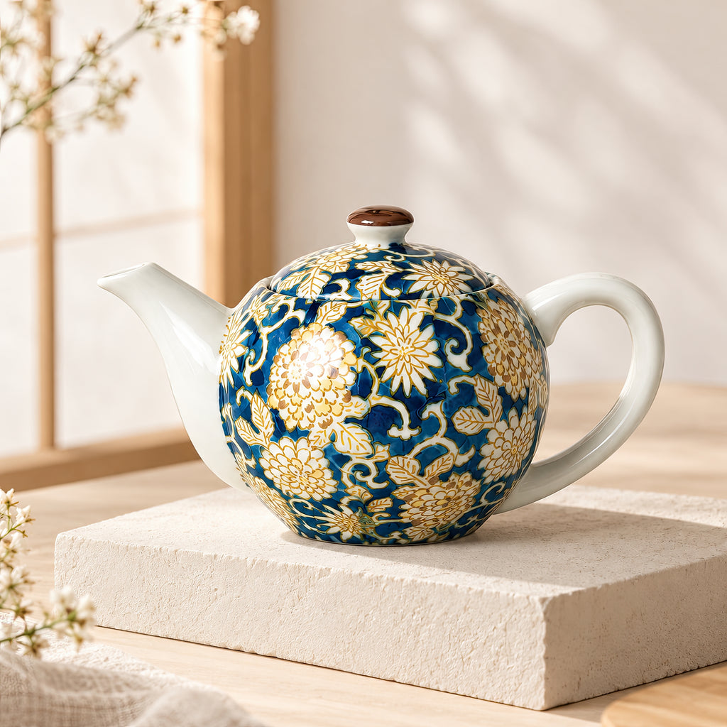 Hana Karakusa Teapot A Blue Japanese floral ceramic teapot