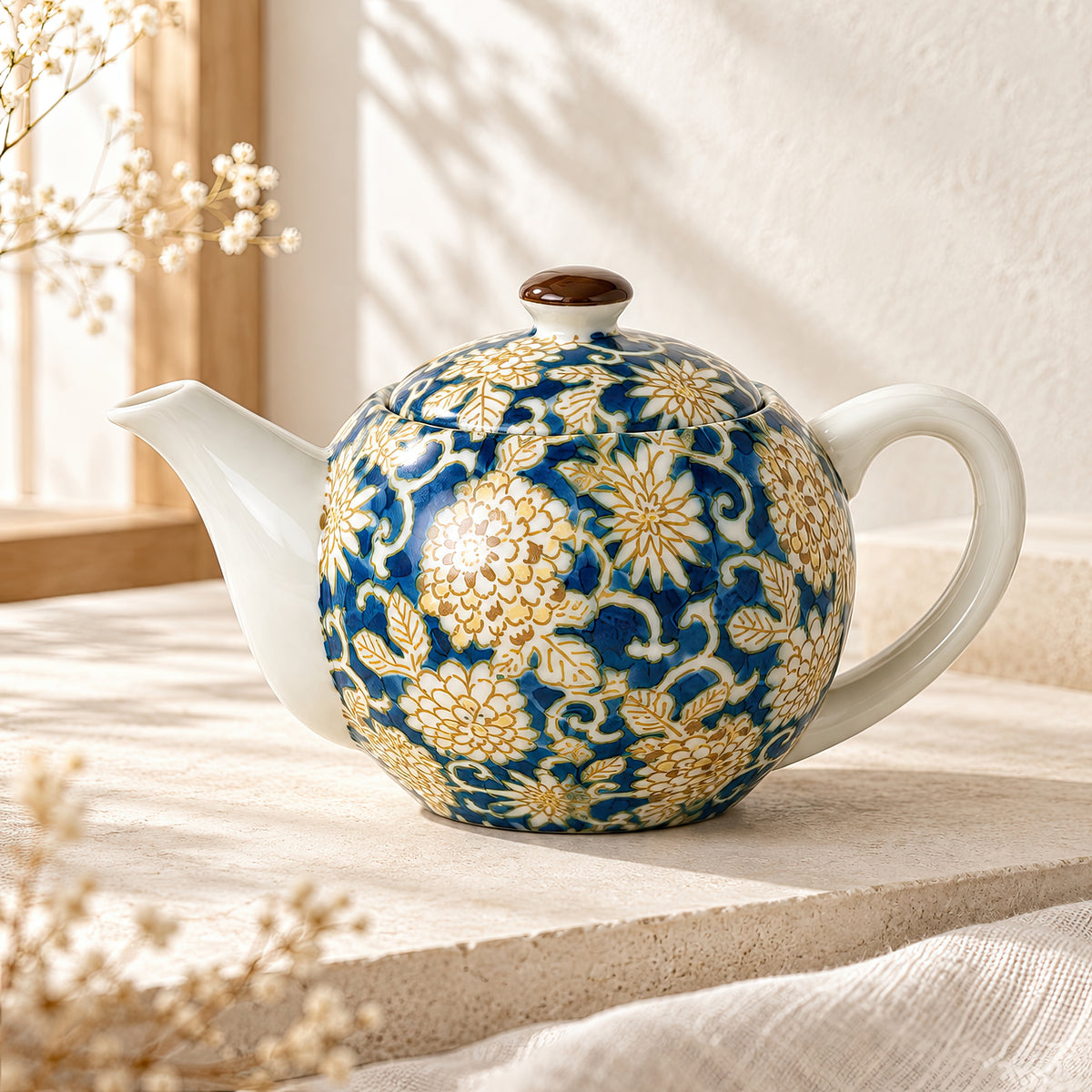 Hana Karakusa Teapot A Blue Japanese floral ceramic teapot