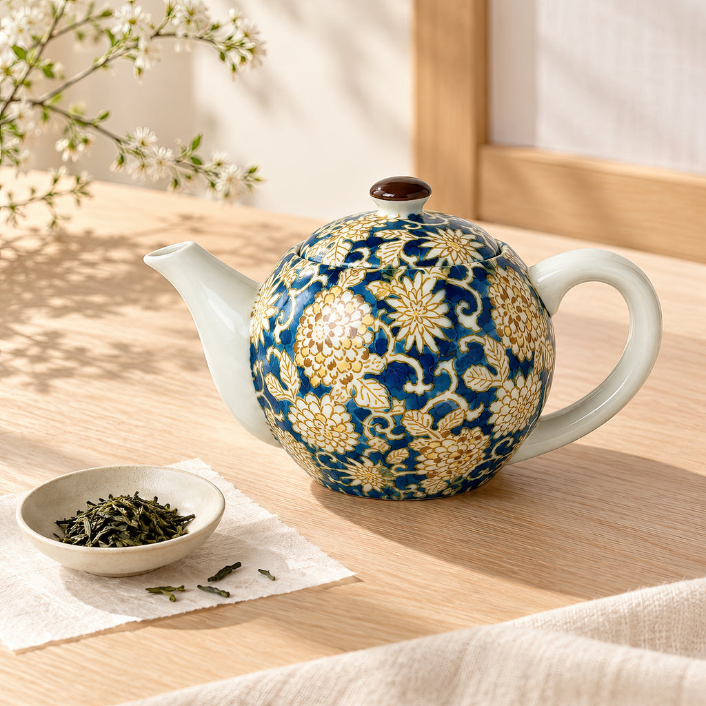 Hana Karakusa Teapot A Blue Japanese floral ceramic teapot