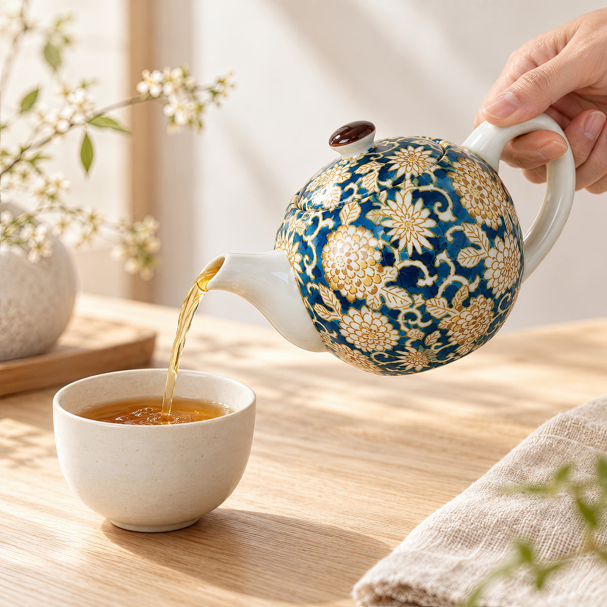 Hana Karakusa Teapot A Blue Japanese floral ceramic teapot