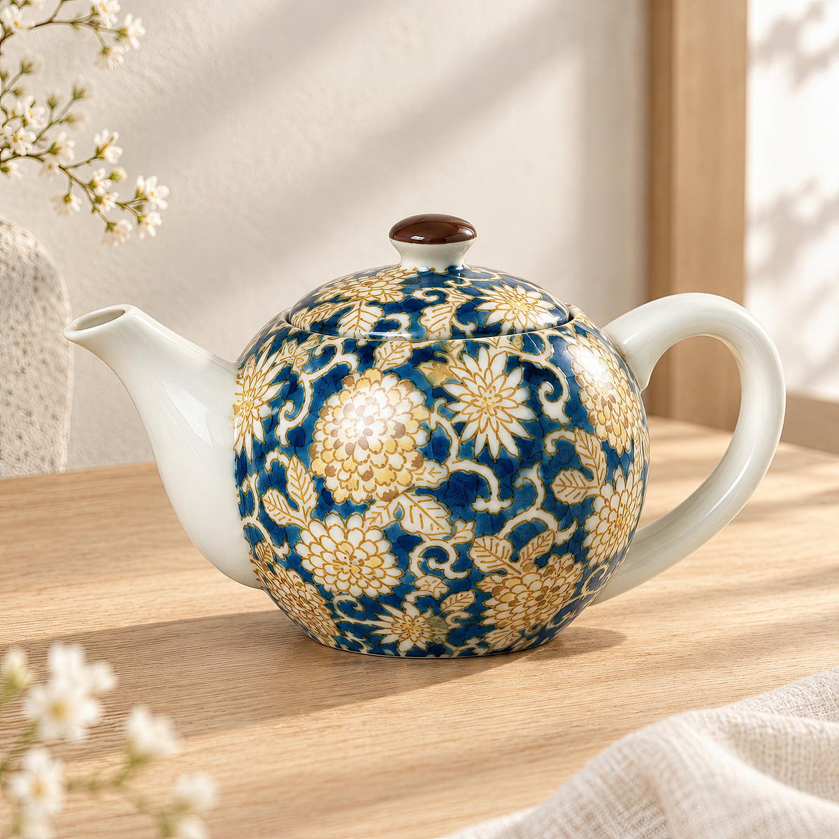 Hana Karakusa Teapot A Blue Japanese floral ceramic teapot
