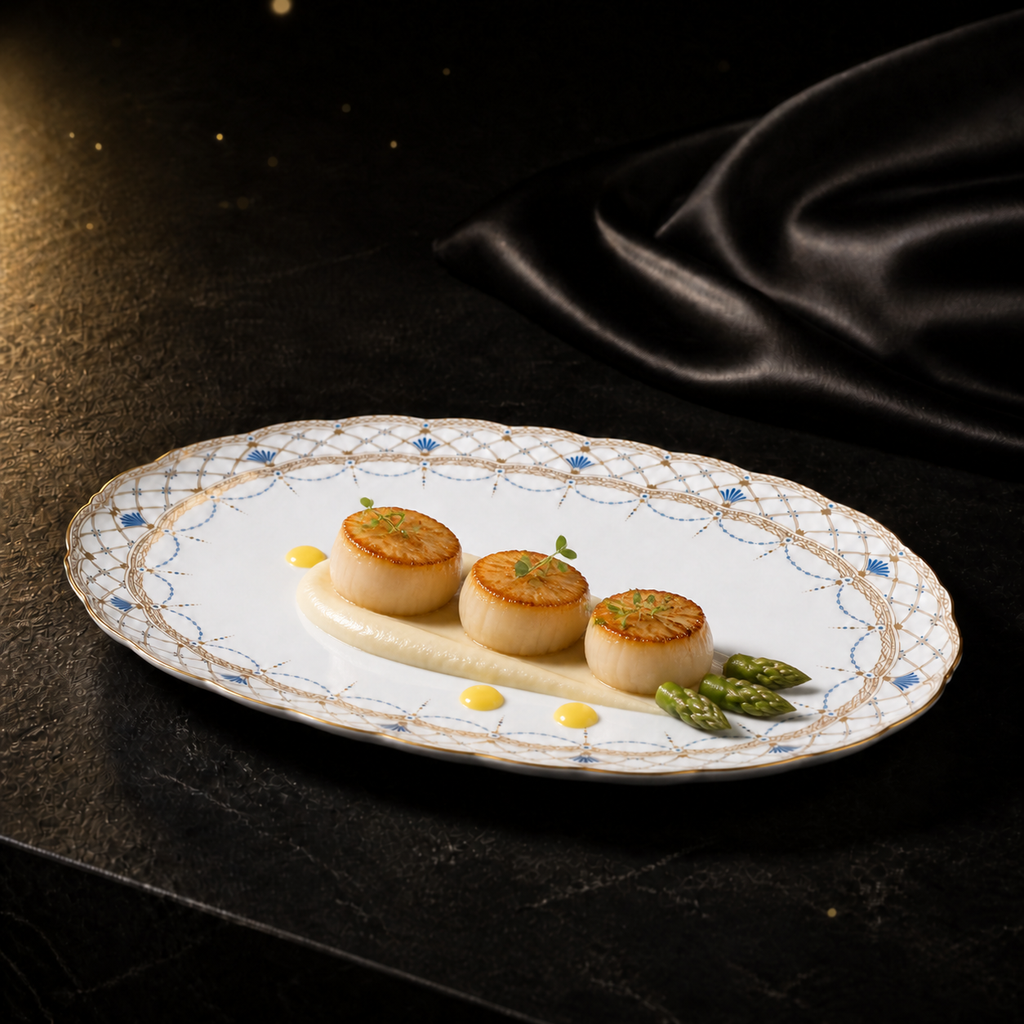 Valesse Azure 33 cm oval platter with three seared scallops, asparagus and a refined sauce presentation.