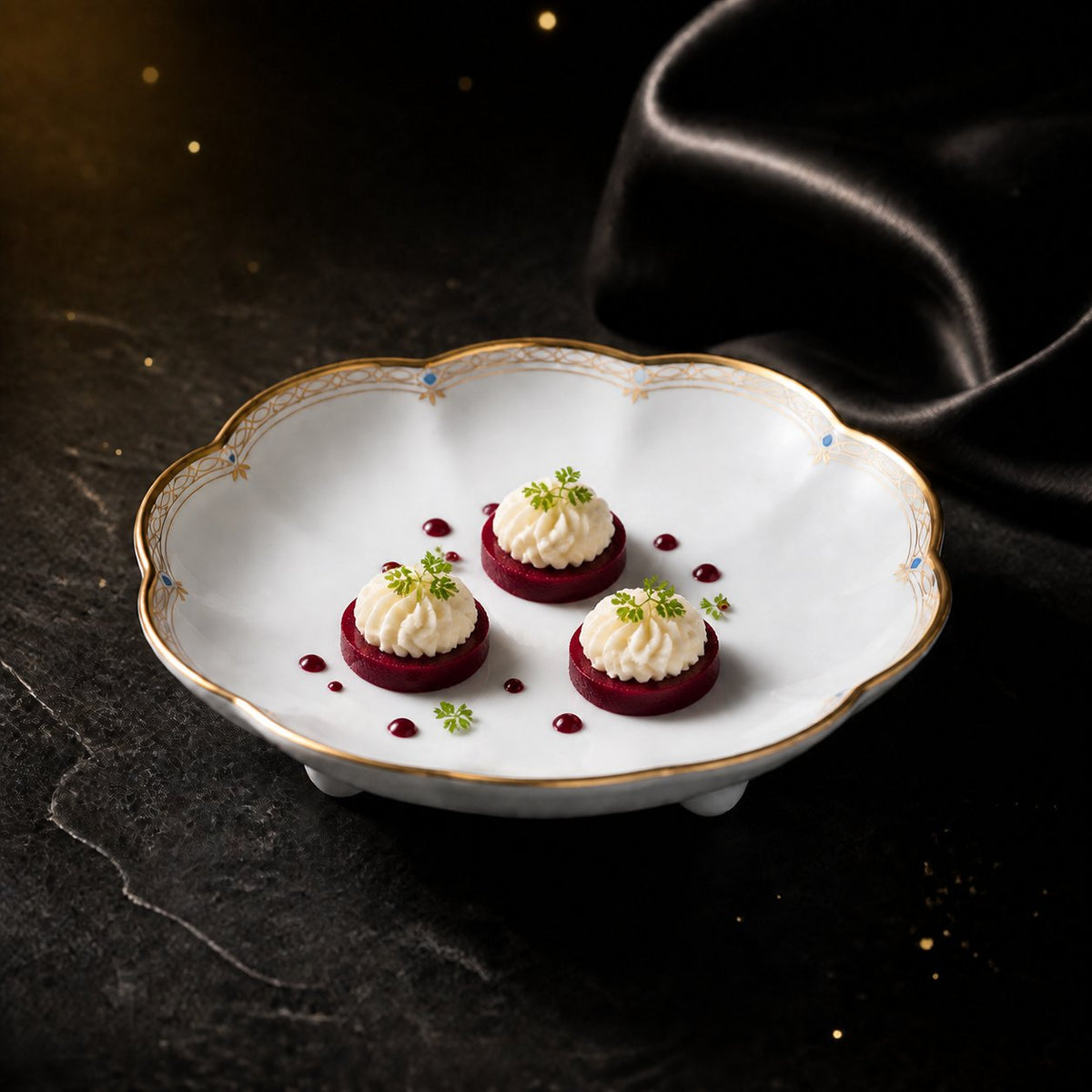 Valesse Azure 9.1 cm petit dish with three petite cream-topped desserts, showing the scalloped blue-and-gold rim.