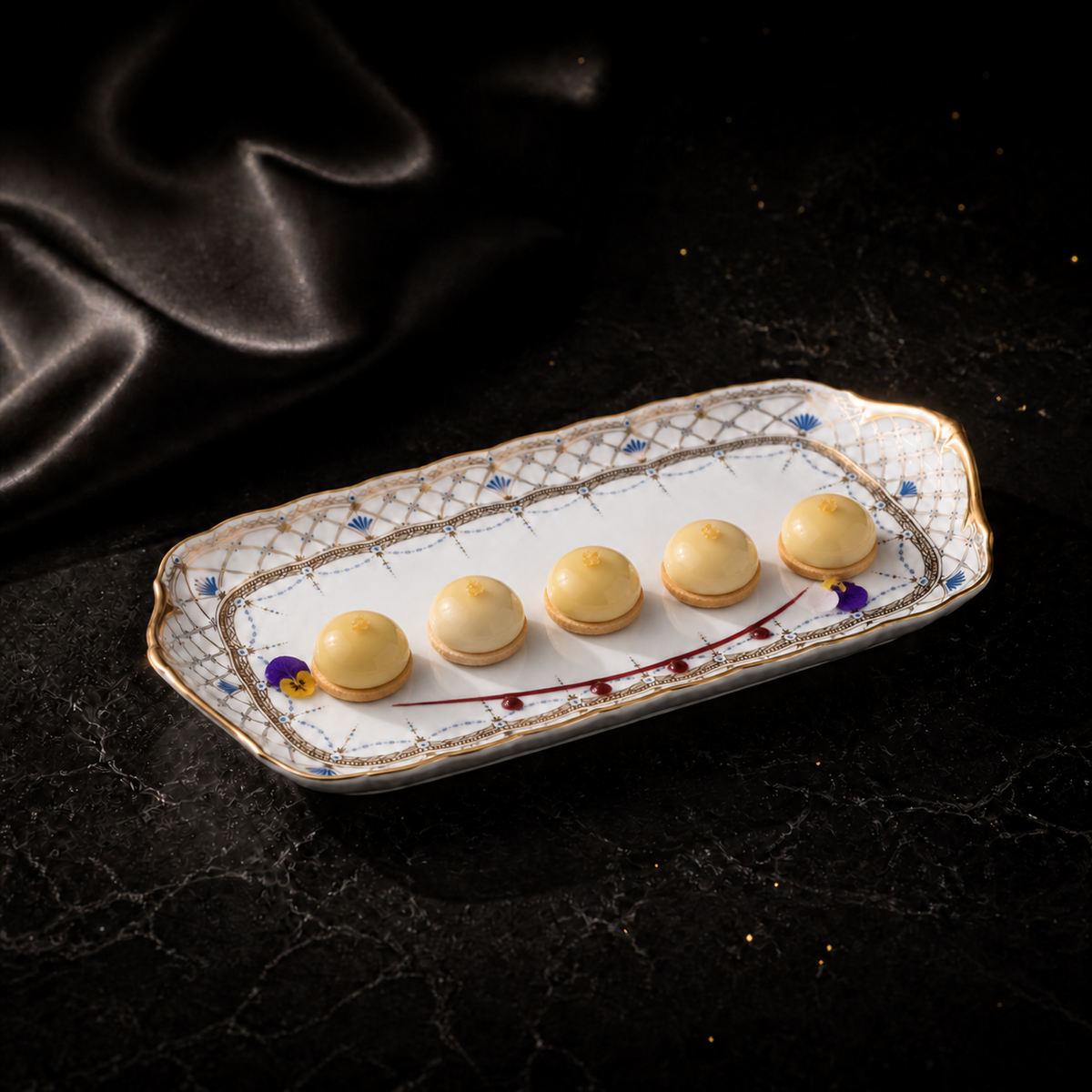 Valesse Azure 23 cm small tray with five petite yellow desserts and a refined berry-and-flower garnish.